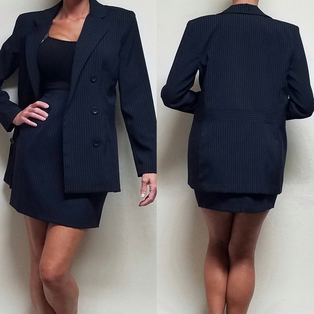 90s Vintage DBY Navy Blue Pinstripe Longline Blazer Mini Pencil Skirt Set 10